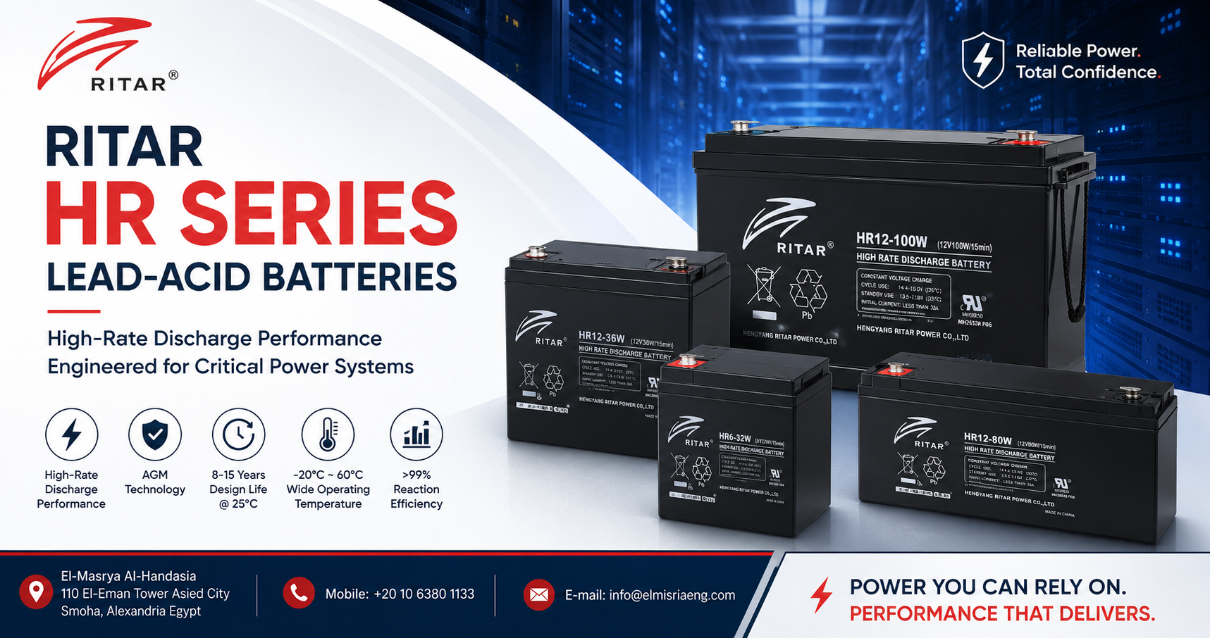 RITAR HR Series high-rate lead-acid batteries for UPS and critical power systems